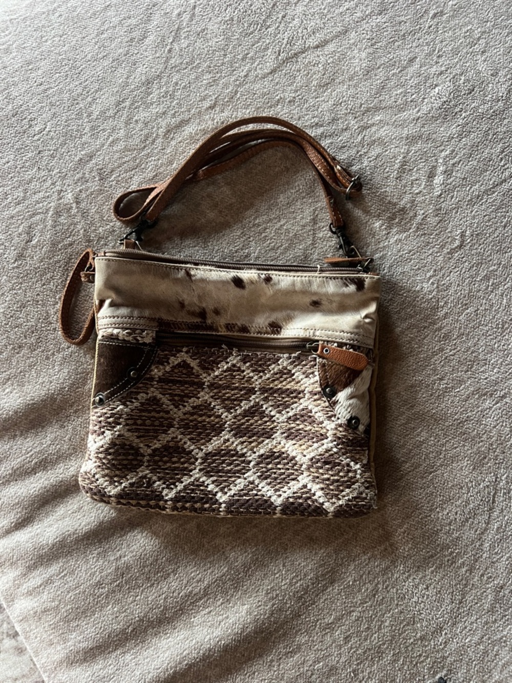 Myra Cowhide Brown & Cream Crossbody Shoulder Bag w adjustable strap or wristlet